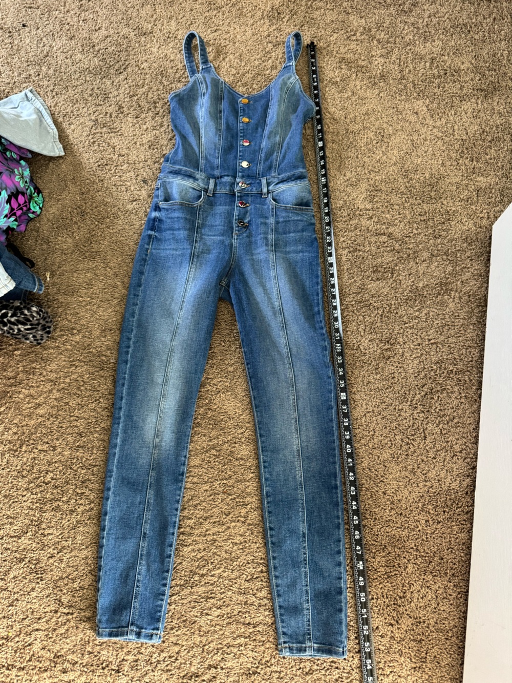 GUESS Los Angeles Denim Button-Front Jumpsuit Blue Stretch Jean One Piece - Picture 5 of 9
